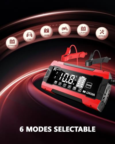 12V 10A Smart Battery Charger for Car and Motorcycle Battery Maintainer & Trickle Charger with Pulse Repair LCD Display Temperature Compensation for AGM Gel SLA Deep Cycle Lead Acid Batteries - color: Red-Black