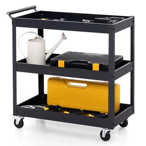 Goplus 3-Tier Utility Cart, Heavy Duty Commercial Service Tool Cart w/Lockable Wheels, 330lbs Load Capacity, Ergonomic Handle, Rolling Mechanic Tool Cart Storage Organizer for Warehouse Garage Black - color: Black