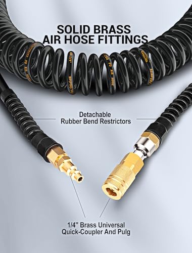 EVOULTES 1/4 In x 28 Ft Polyurethane Recoil Air Hose, Upgraded Air Compressor Hose with Repairable Bend Restrictor, Air Hose kit w/ 360° Swivel 1/4" NPT Coupler & Brass Quick Connect Air Fittings - color: Black