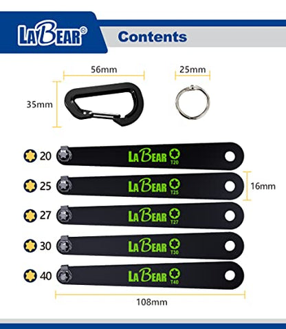 LABEAR 5-Piece EDC Low Profile Offset Torx Screwdriver Set, T20-T40 | S2 steel Torx bit sections, 90° offset access, carabiner carry, compact EDC storage, low-clearance repair, T20-T40 sizes - size: TORX