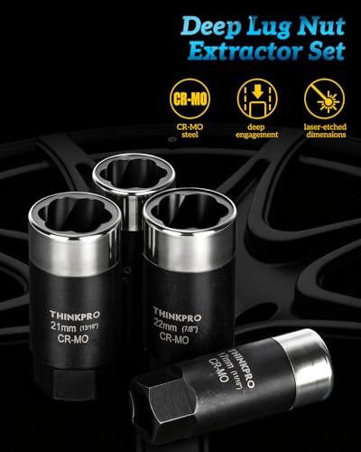 Locking Lug Nut Removal Tool 6 Pieces Deep Lug Nut Extractor Set | Stripped Lug Nut Remover, 1/2" Drive, 17/19/21/22MM, Wheel Lock Removal Kit, For Broken Bolts and Nuts
