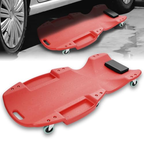 Mechanic Creeper 47 Inch, Low Profile Under Car Rolling Creeper with Padded Headrest and Tool Trays, 300 LBS Capacity, Ergonomic Body Design, Red