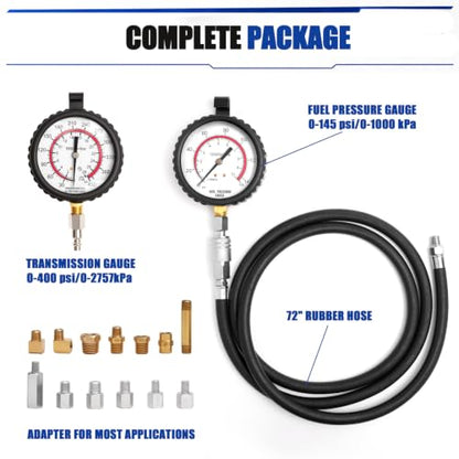Transmission/Engine Oil Pressure KIT, Capable of Both Static and On-Road Testing, High/Low (0-400psi/0-100psi), 72" Hose, 13pc Adapters - size: Oil Pressure Kit