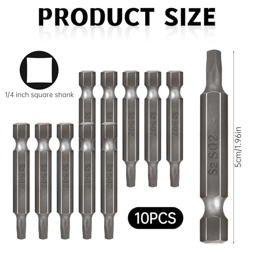 10 PCS 1/4 Inch Hex Shank Square Head SQ2 Screwdriver Bit Set, 2 Inch/50 mm Length, S2 Steel, Power Tools with Magnetic for Screwdriver Drill Impact Driver