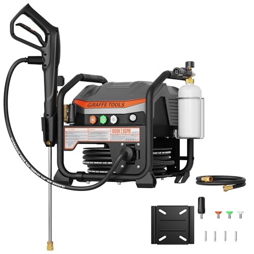 Giraffe Tools Crossfalls Retractable Pressure Washer Ultra, Max 2.6GPM 1650PSI with Brushless Motor, Wall Mount Electric Power Washer with 50ft Pressure Hoses, 4-Nozzle, Foam Cannon, Automatic Rewind - size: 50ft