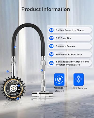 Tire Pressure Gauge for Cars Schrader and Presta 160 PSI, Road Bike Tire Air Pressure Gauge Luminous Dial, Suitable for Car, Motorcycle, Bike, SUV and Truck - size: 160PSI Schrader/Presta