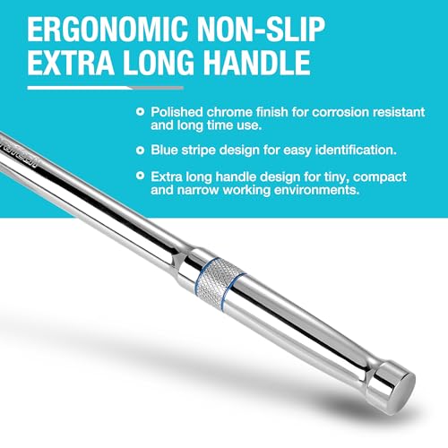 DURATECH Extra Long Handle 1/2-Inch Drive Ratchet, 90-Tooth Ratchet Wrench with 15" Handle and Dust Proof Teardrop Enclosed Head, Reversible, CR-V Steel Made, CR-MO Head, Full Polished, Gifts for Men - size: 1/2" with 15" handle