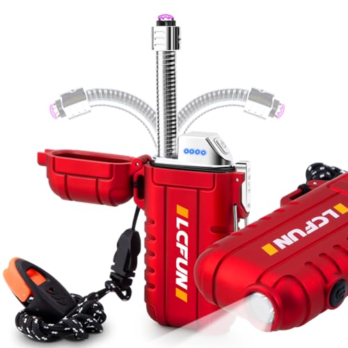 LcFun Electric Dual Arc Lighter USB Rechargeable, Windproof Plasma Lighters with LED Battery Indicator, Waterproof Flashlight Lighter with Whistle Lanyard for Camping, Survival Gear Gifts for Men - color: Red Pro