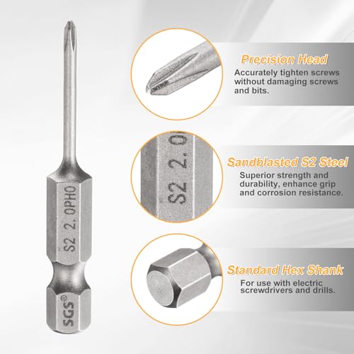 HARFINGTON 4pcs #0 Phillips Screwdriver Bit PH0 1/4" Hex Shank 2" (50mm) Long 0.08" Rod Magnetic Cross Head Drill Bits S2 Steel Industrial Screw Driver for Electric Power Tools, Gray - size: PH0 x 2" x 0.08"