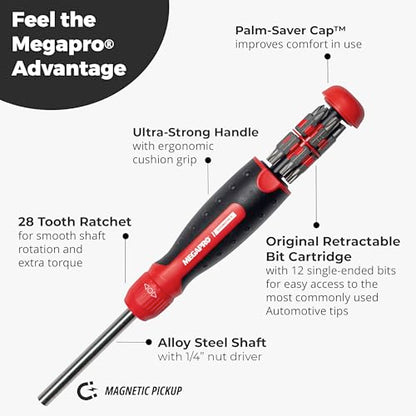 Megapro Automotive Screwdriver Set | One Multi-Bit Screwdriver with ¼” Hex Shaft | Phillips, Torx | Compact Automotive Bit Set (Ratcheting) - style: Ratcheting