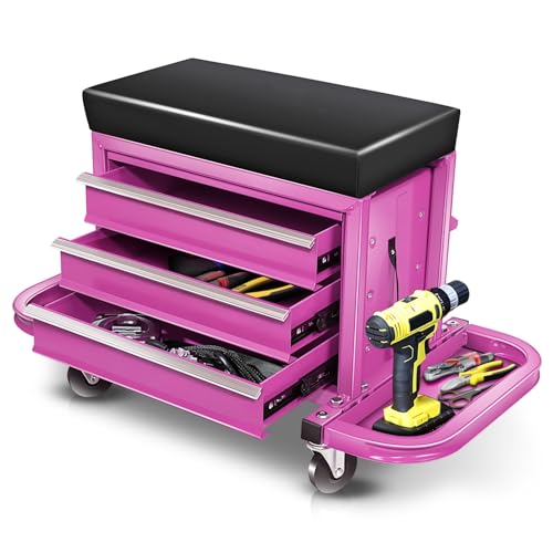 Auto Dynasty 3-Drawer Mechanic Rolling Seat, 350 LBS Capacity Roller Garage Shop Seat with Storage Tool Tray for Workshop, Repair Shop, Warehouse, Purple - color: Purple