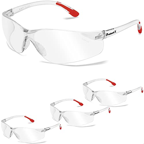 ProtectX Safety Glasses for Men & Women, Safety Sunglasses with Anti-Fog Scratch Resistant Lenses, Non-Slip Grips, ANSI Z87.1 - color: Olympus Red Tip Clear 3 Pk