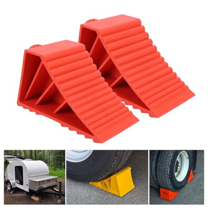 Haofy 2 Pack Heavy Duty Rubber Wheel Chocks Anti Slip Ribbed Design, Fits Trucks SUVs Trailers RVs Durable Red Wheel Blocks for Driveway Boat Storage Leveling Ramps Cargo Safety