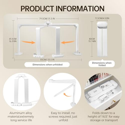 33.5" Foldable Nail Desk Lamp, 456LEDs 3350LM Half Moon Light for Nail Desk with Phone Holder, 3 Color Modes 3000K-6000K Professional Manicure Table Lamp for Nail Tech Salon