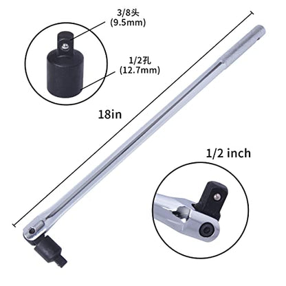 18Inch 1/2 3/8 Breaker Bar 180 Degree Rotatable 1/2 Drive with 1/2 to 3/8 Adapter, Heavy Duty Steel Construction for Breaking Rusted, Stubborn, Stuck Nuts and Bolts