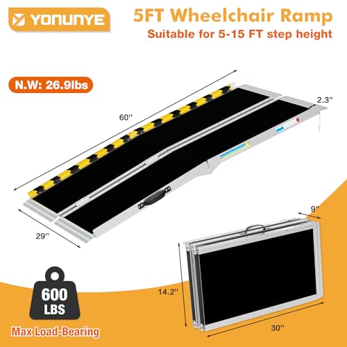 5ft Wheelchair Ramps for Home Steps, Non-Slip Aluminum Threshold Ramp, Foldable Handica Ramp for Wheelchairs in Home, Entry, Shed, Doorway, Curb, Stairs - size: 5FT Using Height 5"-15"