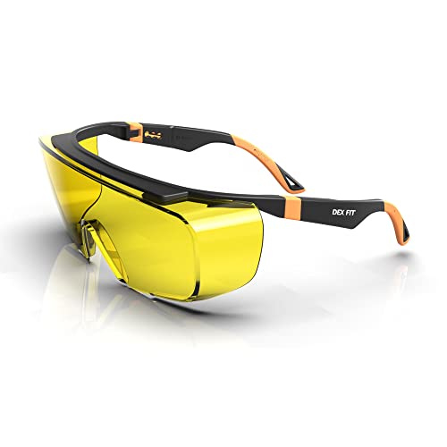 DEX FIT Safety Glasses Over Eyeglasses SG210 - Yellow Lens, Blue Light Blocking, Night Vision, Anti-Fog, UV 400 Protection, Z87.1 Certified, Adjustable Temples for Men & Women; Black & Orange, 1 PC - color: Black/Orange - Yellow, size: 1 PC