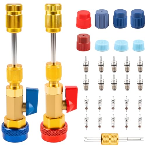 31PCS Professional AC Valve Core Removal Tool for R134A Refrigerant Systems, Quick Remover & Installer for High/Low Pressure Ports, Includes Valve Core Tool Set, Service Port Caps & Stem Kit