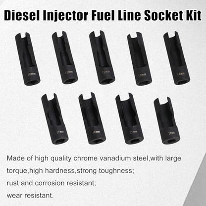 RULLINE 9pcs Flare Nut Socket Set Upgraded Steel for Automotive and Mechanical Applications 1/2" square drive