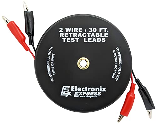 2 Wire 30 Foot Retractable Test Leads, Red and Black 18 Gauge Wire with Alligator Clips on Each End, Ideal for Electrical Troubleshooting Cars, Trailers, Boats - EX ELECTRONIX EXPRESS