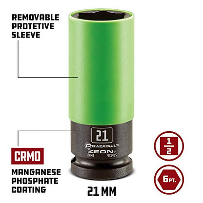 Powerbuilt 21mm Zeon Lug Nut Socket, 1/2" Drive – Impact Rated Chromoly Steel for Damaged & Rounded Lug Nuts, Patented Design Grips up to 85% Rounded, Includes Protective Wheel Saver Sleeve - 941435M - size: 21 mm