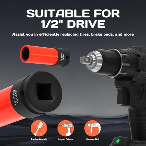 7-Piece 1/2" Drive Lug Nut Impact Socket Set (16.5-22.5mm), Non-Marring Design for Swollen or Seized Wheel Nuts, CR-MO Steel