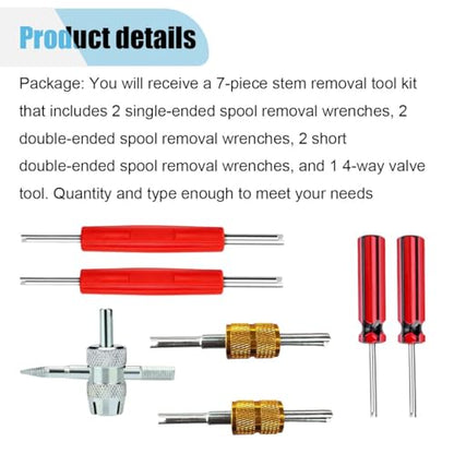 7PCS Tire Valve Stem Removal Tool Kit, 4-Way Single & Dual Head Schrader Valve Core Remover Wrench for Tire Repair Installation, Multi-Function Tools for Car Bike Truck RV HVAC Air Conditioner