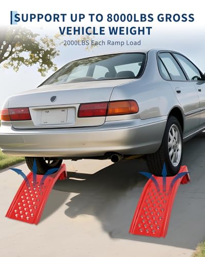Heavy Duty Low Profile Car Ramps 8" Lift (2 Pack) - 8000LB Capacity Solid Steel Auto Ramps for Trucks, SUVs - Ideal for Oil Changes, Tire Rotation & Maintenance - 4000LB Per Ramp, Red - color: Red