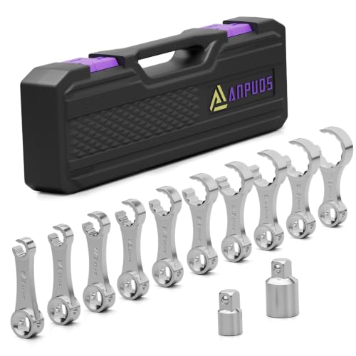 ANPUDS Side-Open Torque Adapter Set SAE for HVAC & Tight Spaces, 3/8" Drive | 5/16" to 7/8", 12pcs, Chrome Molybdenum Steel, 12-Point Torque Wrench Extension for HVAC, Automotive, Brake & Fuel Lines