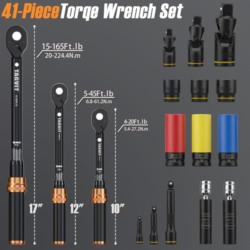 41Pcs Torque Wrench SET, 4-20Ft.lb, 5-45Ft.lb, 15-165Ft.lb ±3% Accuracy Click Torque Wrenches for Bicycle, Motorcycle, Car, Maintenance - size: 4-20+5-45+15-165 ft.lb (41 PCS), style: 1/4+3/8+1/2-Inch