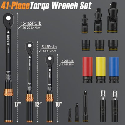 41Pcs Torque Wrench SET, 4-20Ft.lb, 5-45Ft.lb, 15-165Ft.lb ±3% Accuracy Click Torque Wrenches for Bicycle, Motorcycle, Car, Maintenance - size: 4-20+5-45+15-165 ft.lb (41 PCS), style: 1/4+3/8+1/2-Inch