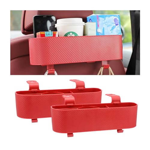 BELOMI 2PCS Car Headrest Backseat Organizer with Cup Holder, Seat Back Hanging Storage Box with Hooks, Multi-Functional Drink Pocket Food Snack Phone Tray for Kids, Car Travel Accessories（Red/2PCS） - color: Red/2PCS