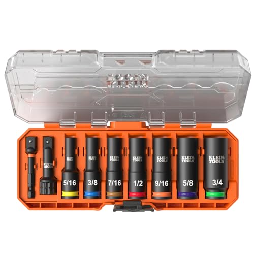 Klein Tools 65109IMPCT KNECT Deep-Well 3/8-Inch Drive Impact Socket Set, SAE, 9-Piece Tool Set with Impact Driver Adapter, Multi-Purpose Wrench Adapter, Color-Coded, MODbox Socket Organizer - style: 9-Piece SAE Set