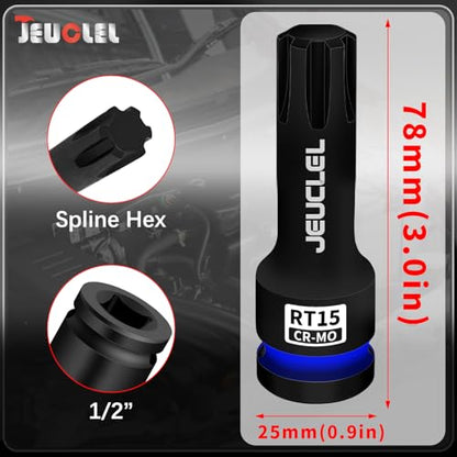 RT15 Spline Bit Socket, 1/2" Drive Spline Hex 6 Point Impact Socket | 3-Inch, Cr-Mo Steel, Lengthen Screwdriver Adapter for Electric Ratchet Wrenches, Fastening Screws, Socket Wrench, Head Drill - size: RT15
