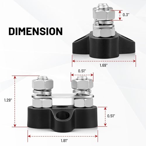 RED WOLF 12V 150A Power Distibution Block 5/16" Dual Stud Busbar M8 Terminal Bus Bar 12 Volt DC Battery Junction Post for Auto Boat Marine Solar System Positive and Negative (2PC) - size: Dual M8 Stud