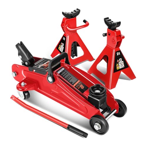 Auto Dynasty 2 Ton (4000 lbs) Capacity Floor Jack Low Profile Garage Hydraulic Trolley Service Lift Floor Jack Combo with Ratchet Jack Stands for SUV, Car and Truck, Red - color: Red