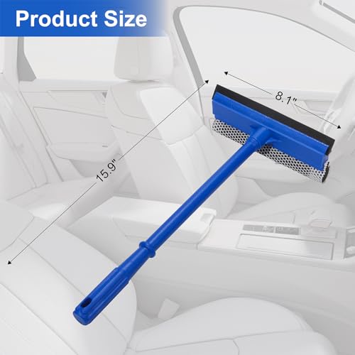 2-in-1 Car Window Cleaner, Multi-Use Car Windshield Cleaning Tool, with 15.9" Handle, 8" Soft Rubber Blade & Highly Absorbent Sponge, Home, Car, Glass, Shower, Outdoor Window Cleaning