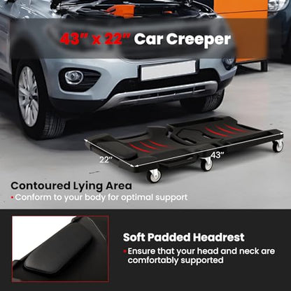 Goplus 43" x 22" Foldable Creeper, 350LBS Mechanic Creeper with Soft Padded Headrest, Magnetic Tool Tray, Heavy-Duty Rolling Garage Creeper, Aotomotive Under Car Creepers for Work Shop, Auto Repair
