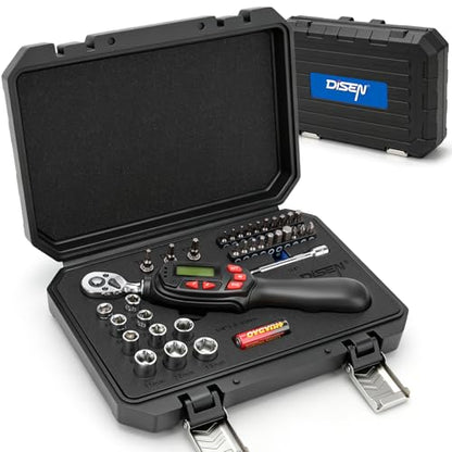 DISEN 1/4 inch Digital Torque Wrench Set with 13pcs Sockets & Extension Bar, 5-25 N.m / 3.7-18.4 Ft.lb, ±2% Accuracy, 3 Modes (Track/Peak/Pre), 5 Units, LED & Buzzer, for Auto Motorcycle Bike DIY - size: 1/4 inch
