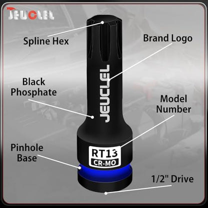 RT13 Spline Bit Socket, 1/2" Drive Spline Hex 6 Point Impact Socket | 3-Inch, Cr-Mo Steel, Lengthen Screwdriver Adapter for Electric Ratchet Wrenches, Fastening Screws, Socket Wrench, Head Drill - size: RT13
