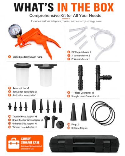 SGT 2 in 1 Brake Bleeder Kit,Brake Bleeding Kit with Hand Vacuum Pump and Adapters,for Brake Fluid Power Steering Fluid More,Vacuum Brake Bleeder Pump with Case & Gloves