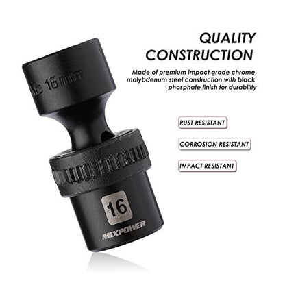 MIXPOWER 15-piece 3/8" Drive Shallow Universal Impact Socket Set, 6 Point, Metric, 8-22mm, CR-MO, Swivel Socket With Flexible Wobble… - size: 15 Pcs Metric 3/8'' Dr. (Shallow)
