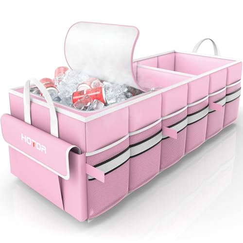 HOTOR Trunk Organizer - Car Organizer with Built-In Leakproof Car Cooler, Collapsible Trunk Organizer with Cooler for Car, SUV, Sedan, with Base Panel (3 Compartments, Pink),31.9"×12.6"×10.6" - color: Pink, size: Large