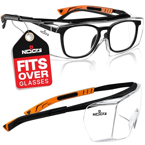 NoCry Safety Glasses Over Eyeglasses for Men and Women with Anti Scratch Lenses and Integrated Side Shields — Adjustable Temples with Anti-Slip Tips — 100% UV Protective Eyewear — ANSI Z87 Certified - color: Black & Orange