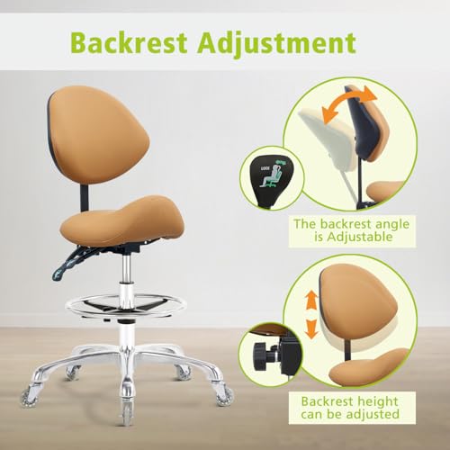Saddle Stool Chair with Wheels,Ergonomic Swivel Rolling Height Adjustable for Salon Beauty Clinic Dentist Tattoo Home Office - color: Camel, size: With Backrest