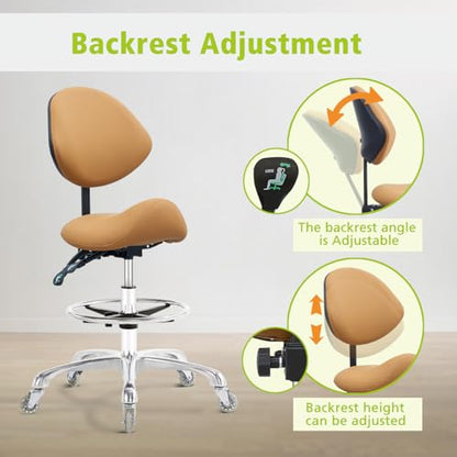 Saddle Stool Chair with Wheels,Ergonomic Swivel Rolling Height Adjustable for Salon Beauty Clinic Dentist Tattoo Home Office - color: Camel, size: With Backrest