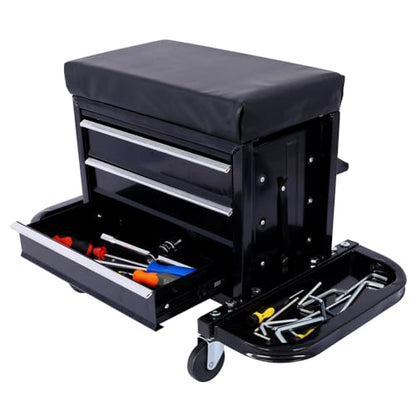 3-Drawer Chest Rolling Mechanic Seat with Tool Trays 350lbs Max Weight Capacity Toolbox Seat for Garage Warehouse Black