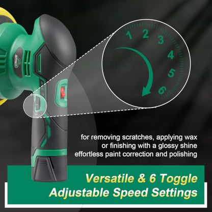 BATOCA - Cordless Car Buffer Polisher - 1pcs 2.0Ah 12V Lithium-ion Rechargeable Battery Powered Brushless Polisher with 6 Variable Speed, DA Orbital Buffer for Car Detailing, Polishing, Waxing