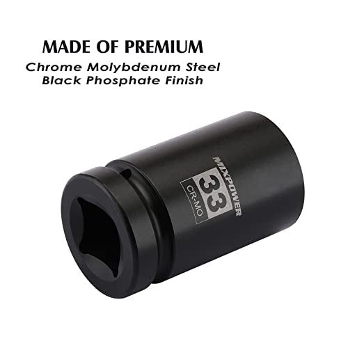 MIXPOWER 2 Pieces 1 Inch Drive Deep Impact Socket, CR-MO, 33mm, 6 Point, Radius Corner Design, Axle Nut Impact Grade Socket for Easy Removal, 2PCS Set - size: 33mm (2 Pieces)