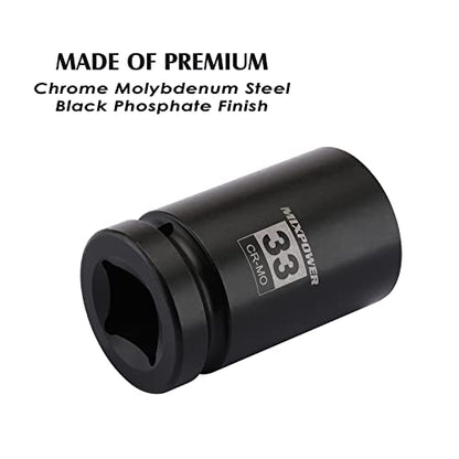 MIXPOWER 2 Pieces 1 Inch Drive Deep Impact Socket, CR-MO, 33mm, 6 Point, Radius Corner Design, Axle Nut Impact Grade Socket for Easy Removal, 2PCS Set - size: 33mm (2 Pieces)